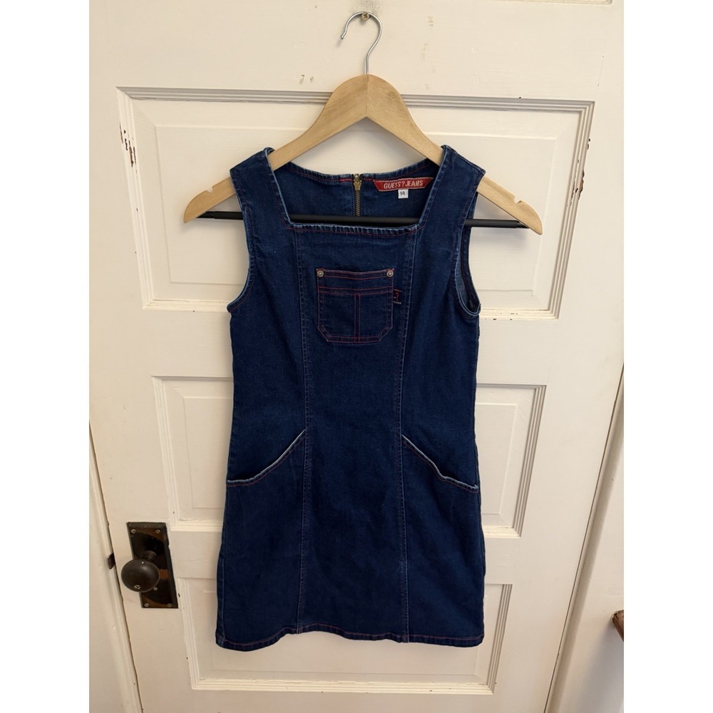 Guess Jeans Vintage 90s Girls Denim Jumper Dress Red Stitching Pockets Size 14